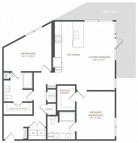 Floor plan for 2 beds, 2 baths, 1301 sqft